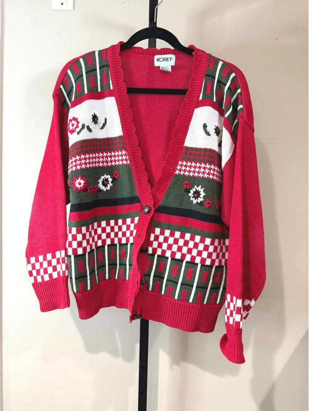 Koret Red Patterned Knit Cardigan Sweater Size M
